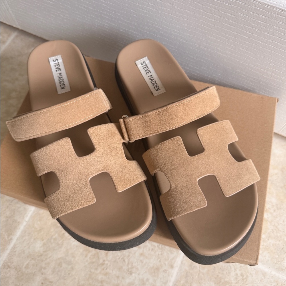 Steve Madden Beige Suede Double-Strap Slide Sandals